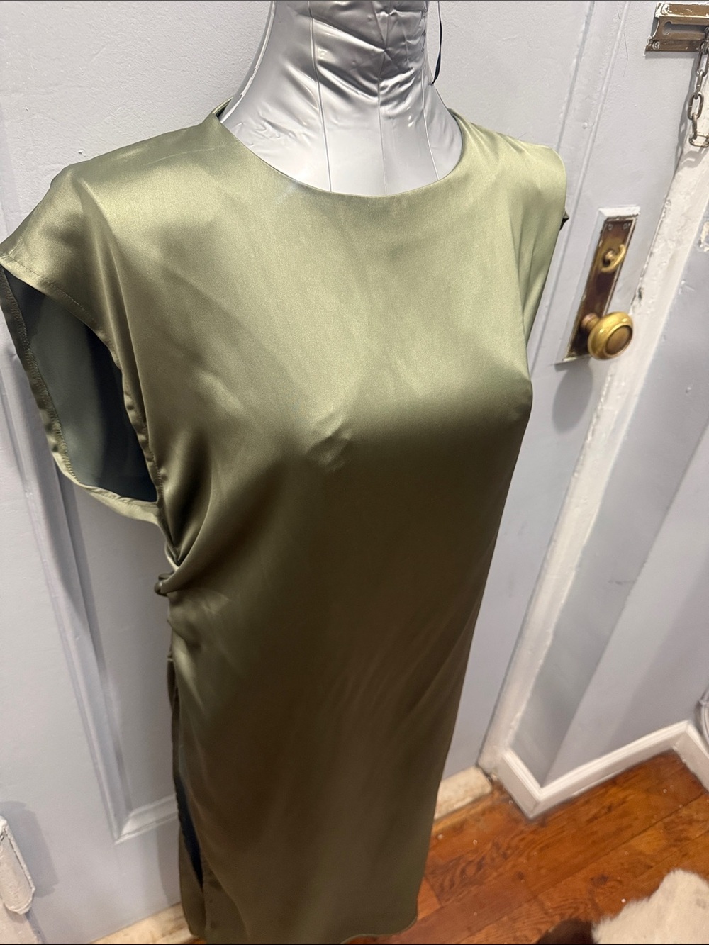 Zara Satin Olive Shift Midi Dress